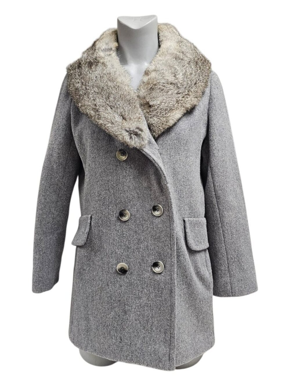 70s Rabbit fur collared Gray wool coat . fits M . Union Made